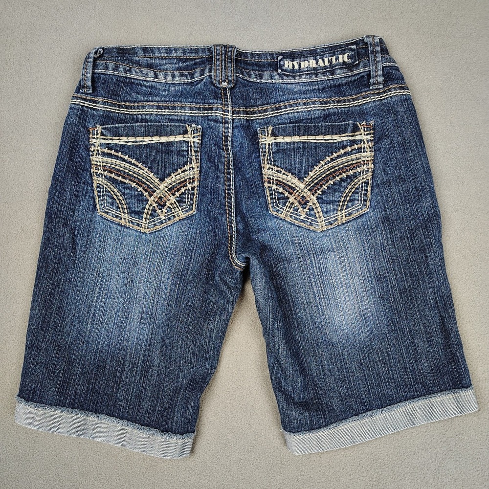Y2K Hydraulic Denim Short Women 5/6 Blue Low Rise Embroidered Stretch Cuffed Hem